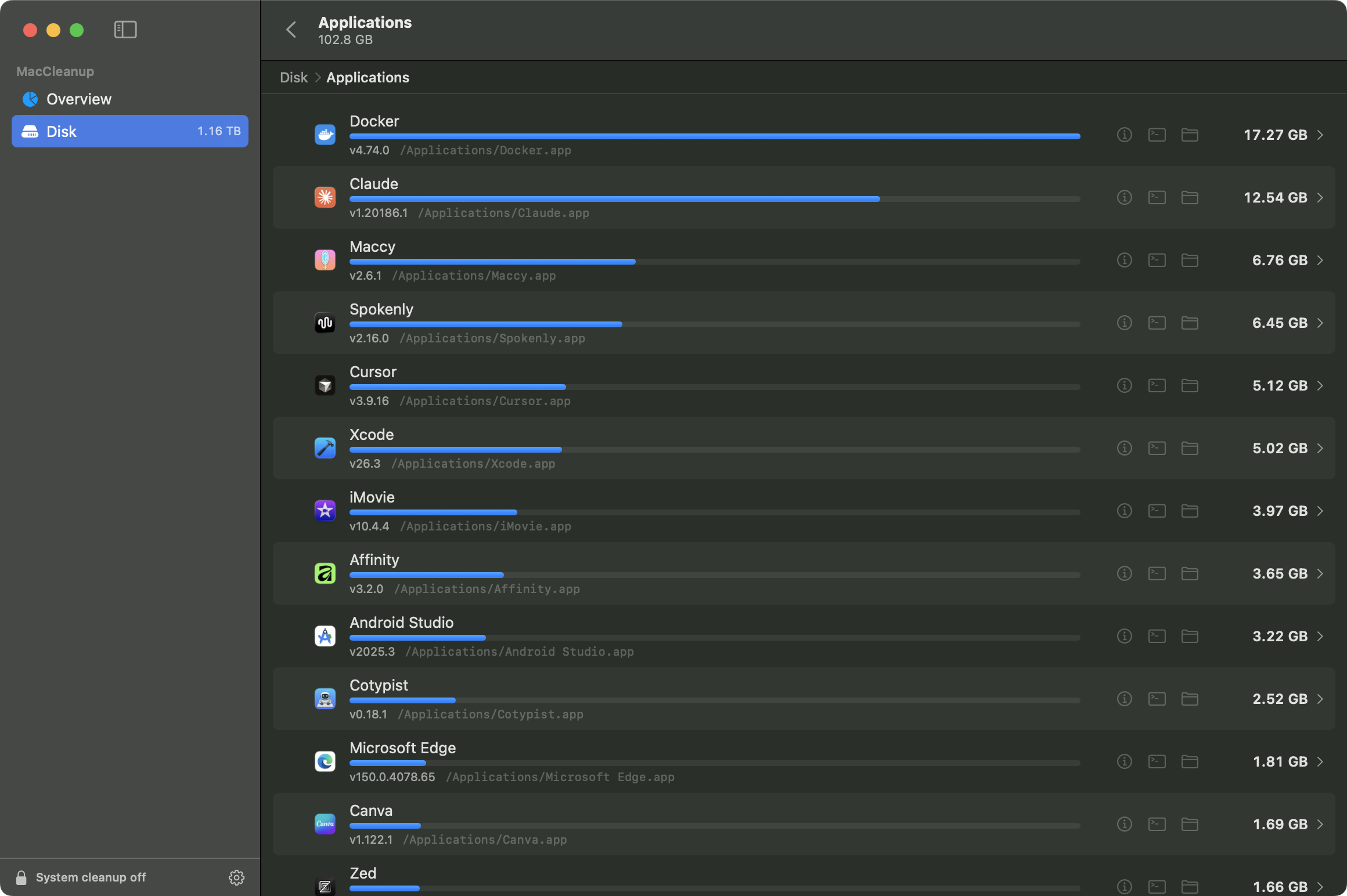 MacCleanup's Applications view: installed apps ranked by real footprint with their actual icons, versions and paths.