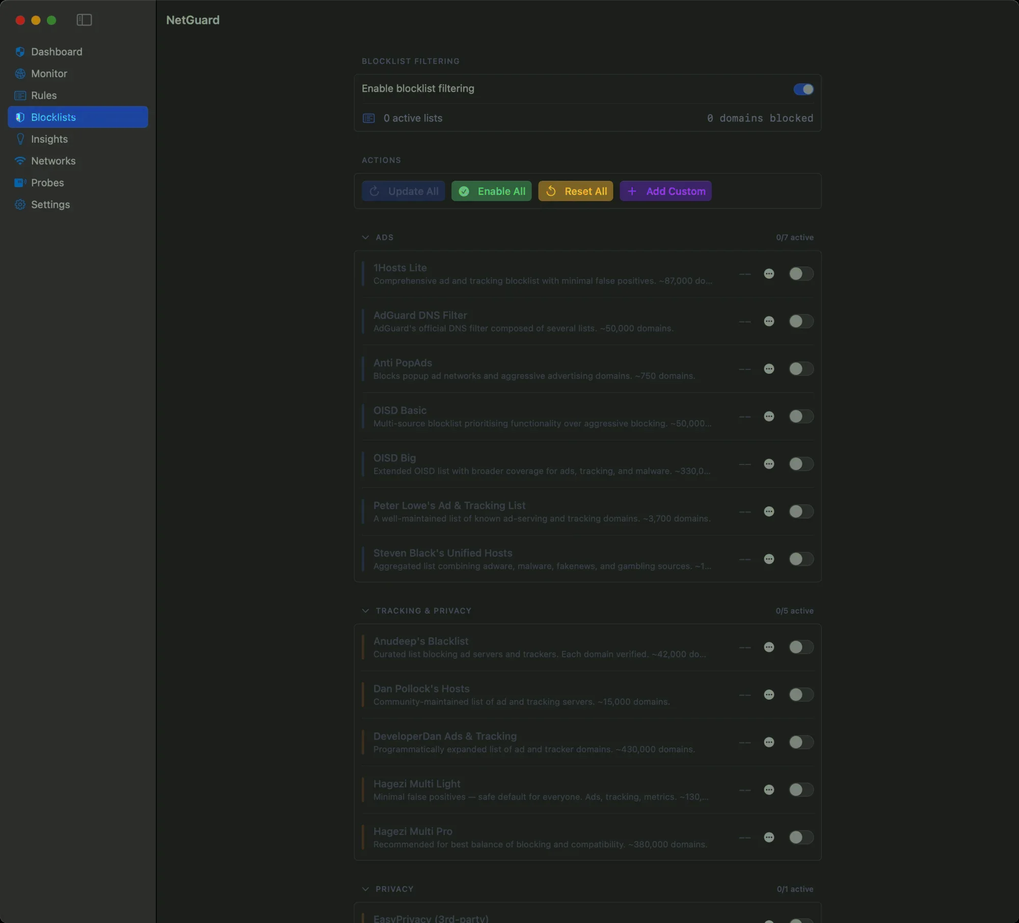 NetGuard's Blocklists screen: curated ad, tracking, malware and phishing lists — AdGuard DNS Filter, OISD, Steven Black's Unified Hosts, Hagezi and more — each toggleable, blocked at the DNS layer.