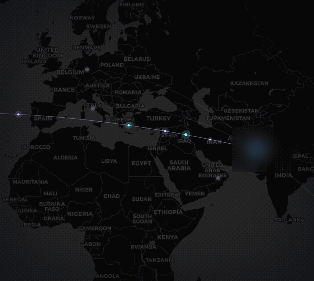 NetGuard's Connection Map animating: pulses of traffic travel along arcs from the user's Mac out across a world map to destinations in Europe, the Americas and Asia.