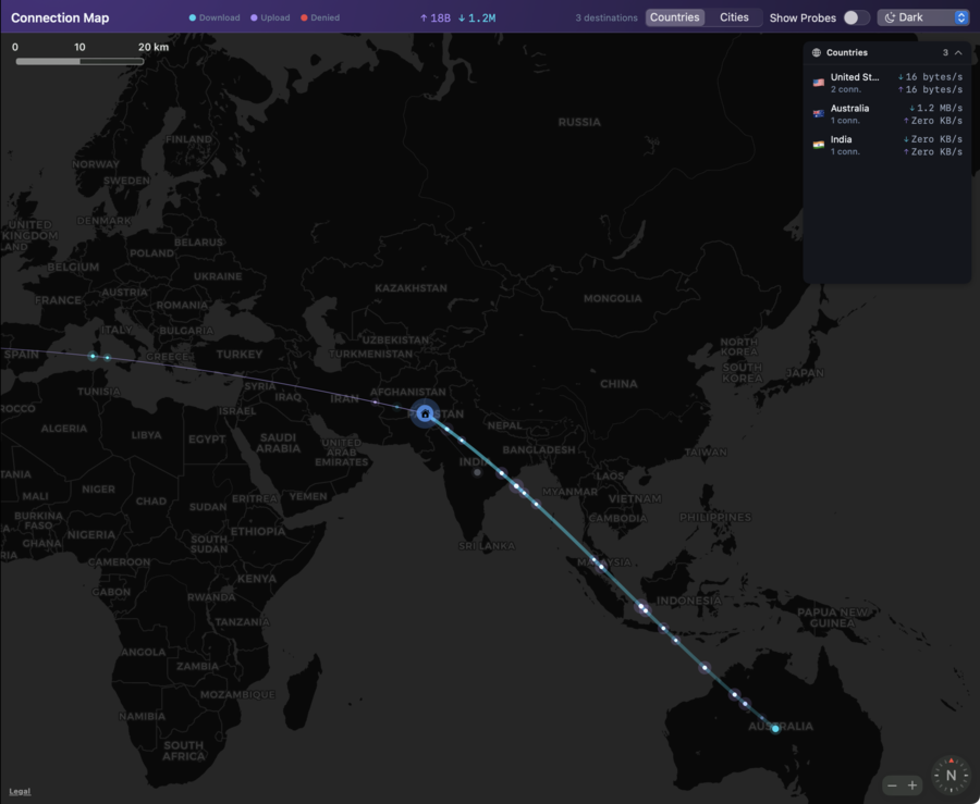 NetGuard's Connection Map animating: pulses of traffic travel along arcs from the user's Mac out across a world map to live destinations in the United States, Australia and India.
