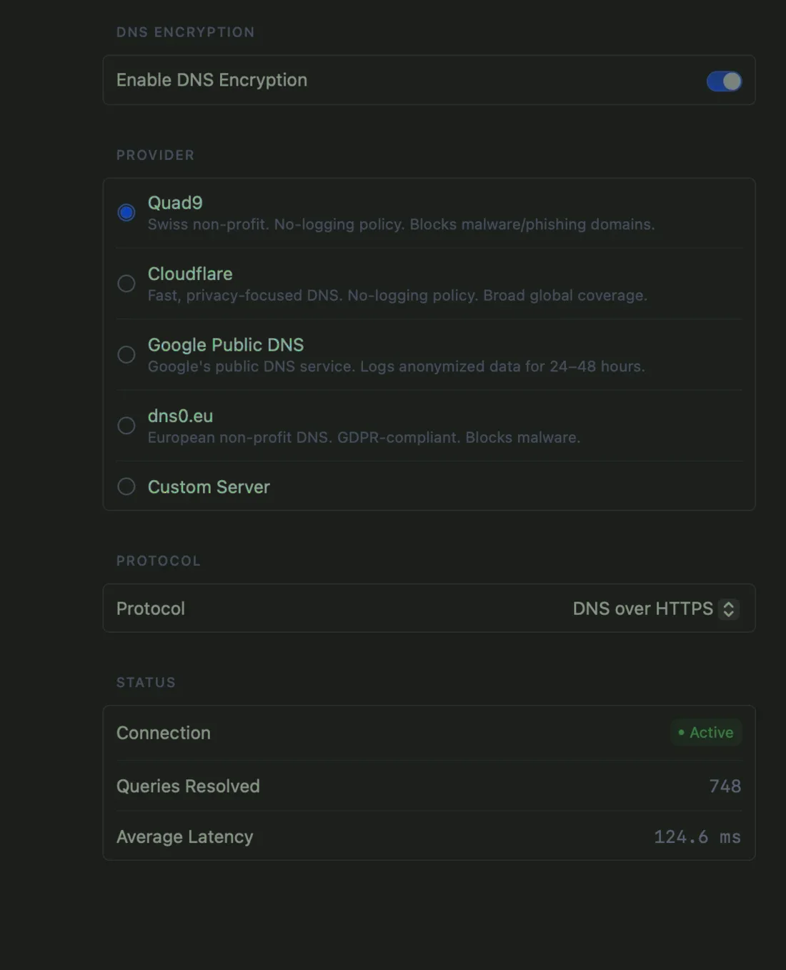 NetGuard's DNS settings: DNS Encryption enabled, provider choice of Quad9, Cloudflare, Google Public DNS, dns0.eu or a custom server, protocol set to DNS over HTTPS, and a live status showing the connection active with hundreds of queries resolved.