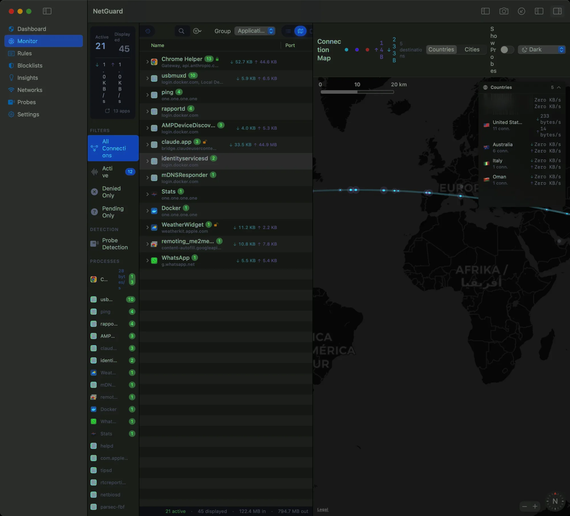 NetGuard's Monitor: a live connection list grouped by app on the left with filters (All, Active, Denied, Pending) and a per-process breakdown, beside the GeoIP world map.