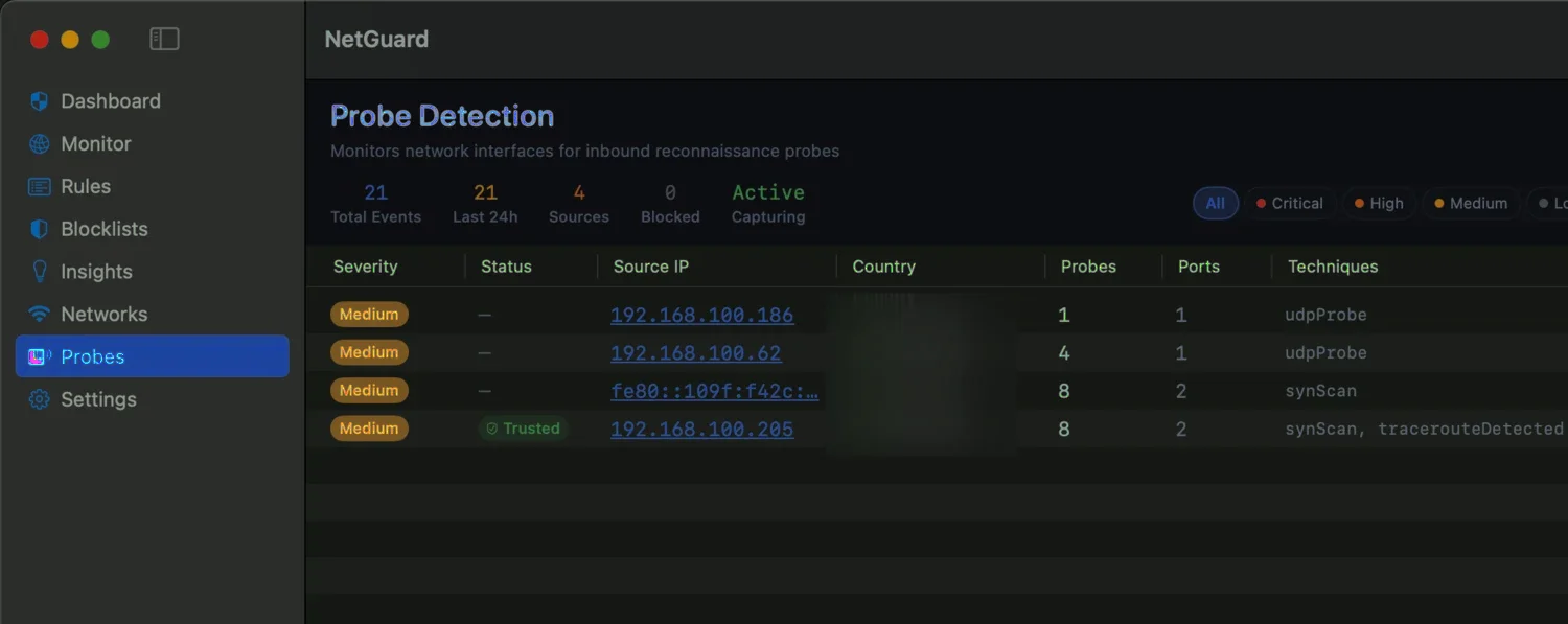 NetGuard's Probe Detection screen listing real inbound probes it caught — source IPs, severities, and techniques including udpProbe, synScan and traceroute detection.