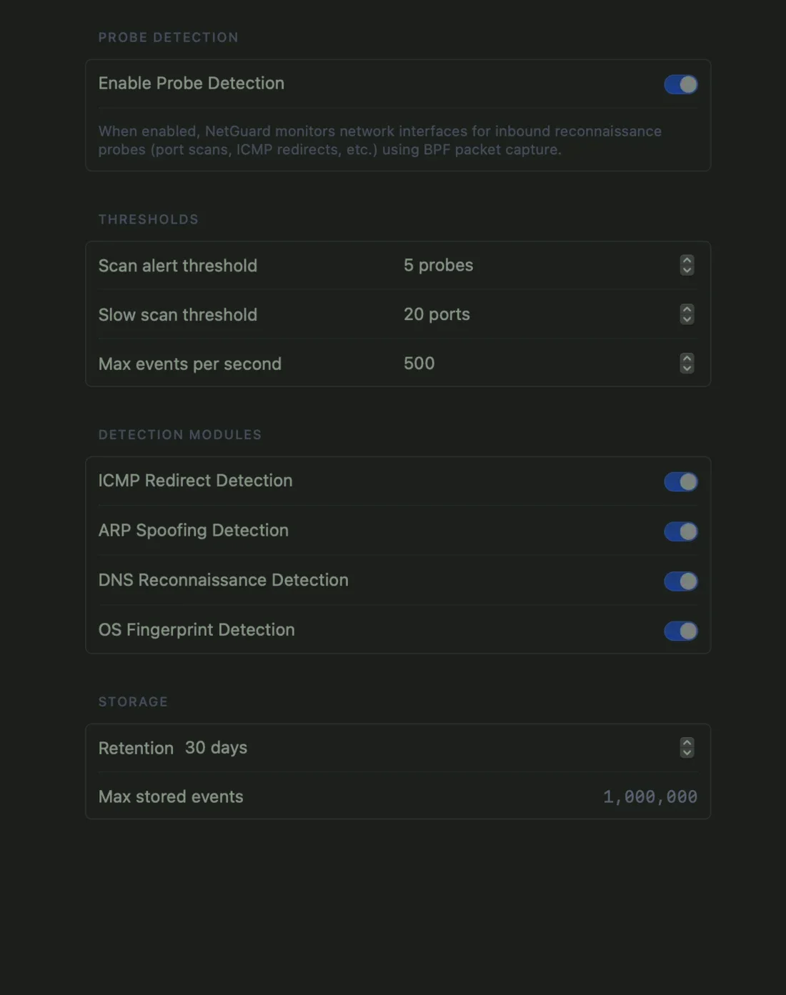 NetGuard's Probe Detection settings: enable inbound reconnaissance detection via BPF packet capture, with scan thresholds and detection modules for ICMP redirects, ARP spoofing, DNS reconnaissance and OS fingerprinting.