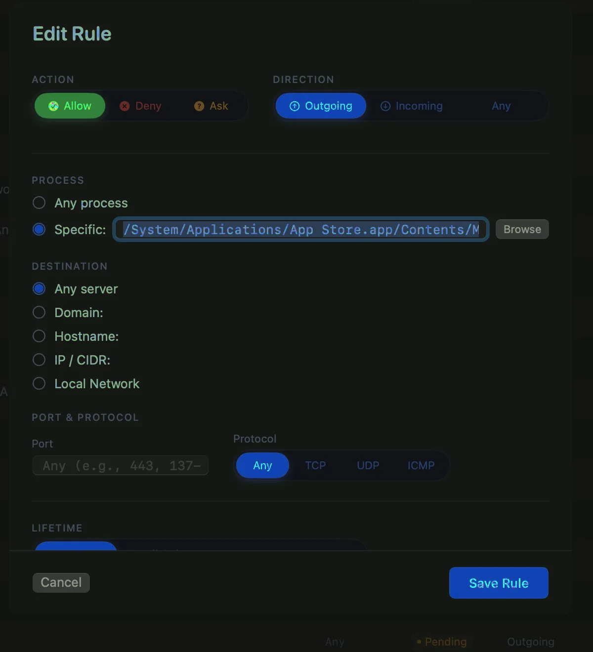 NetGuard's Edit Rule sheet: choose Action (Allow/Deny/Ask), Direction, a specific process or any, destination by domain/hostname/IP/CIDR/local network, and port and protocol (TCP/UDP/ICMP).