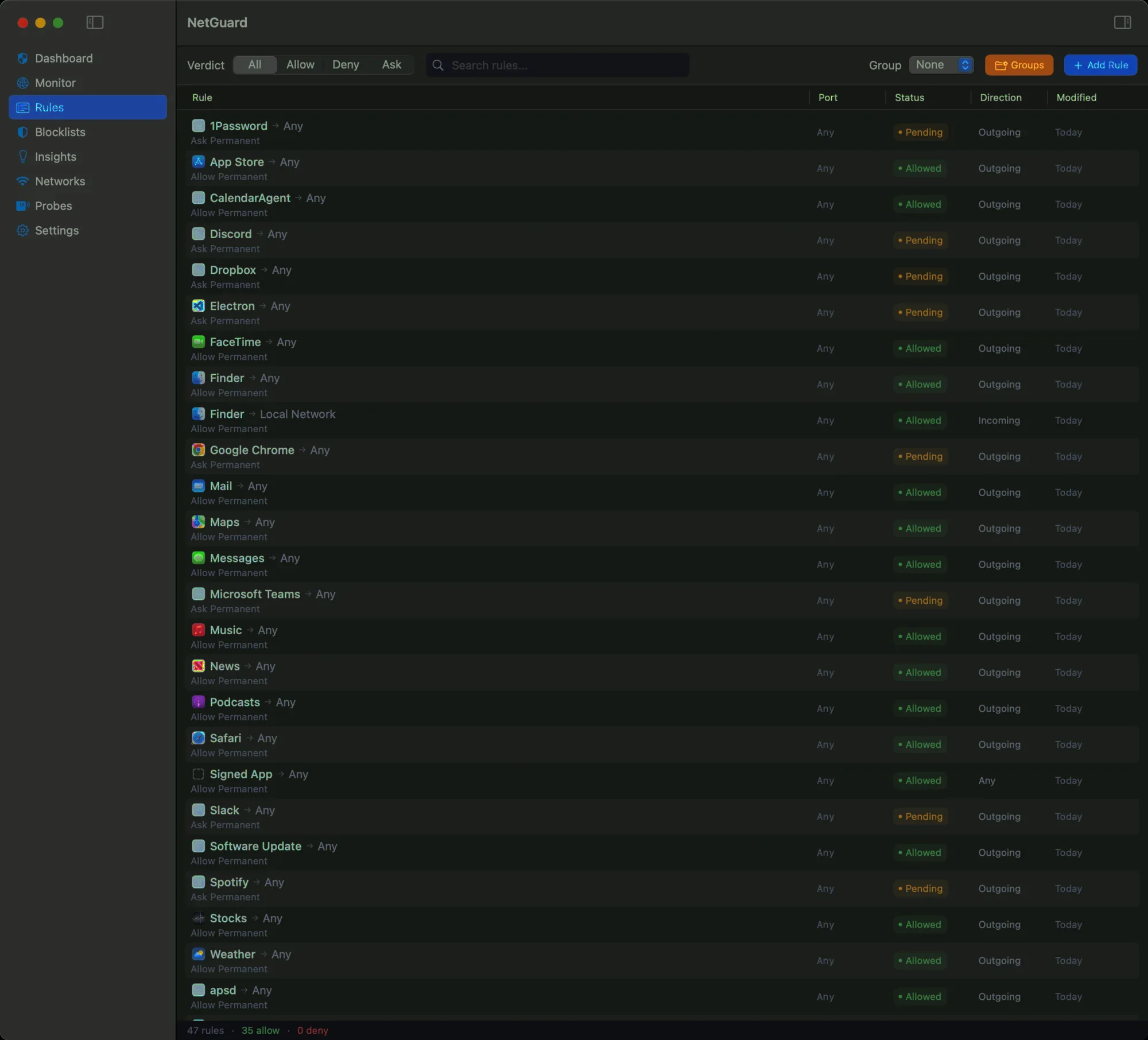 NetGuard's Rules table: dozens of per-app rules with real app icons, each showing verdict (Allowed/Pending), port, direction and last-modified, with verdict filters and a search field.